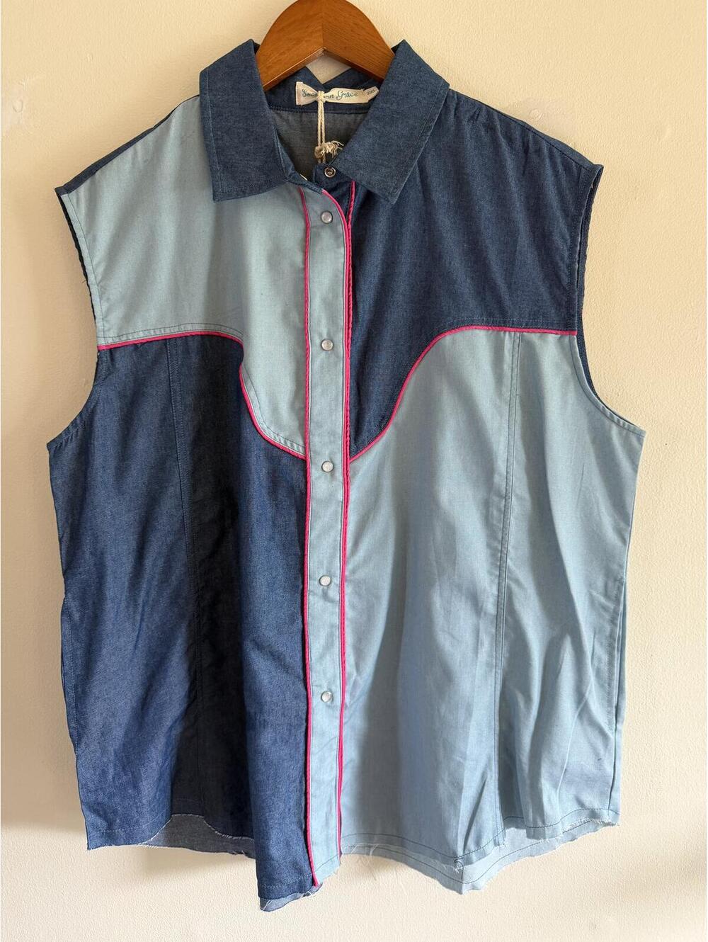 Colorblock Denim Pearl Snap Sleeveless Western Shirt 2X